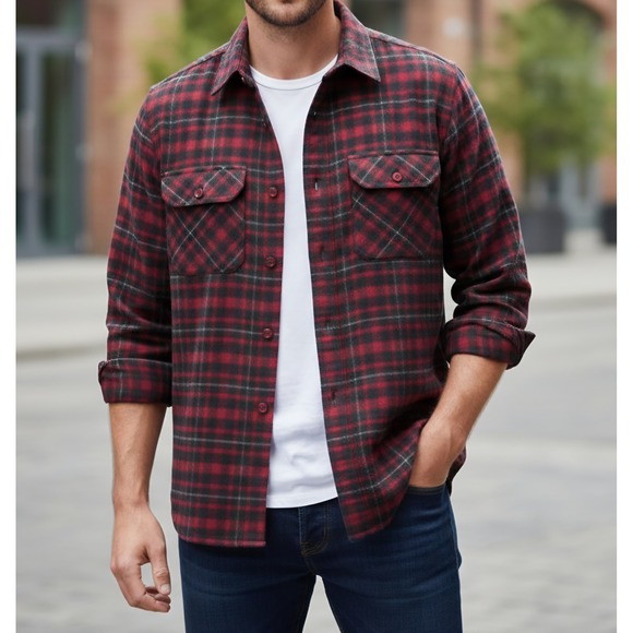Vintage Pendleton Board Shirt Red Black‎ Plaid Wool Flannel Loop Collar Size L